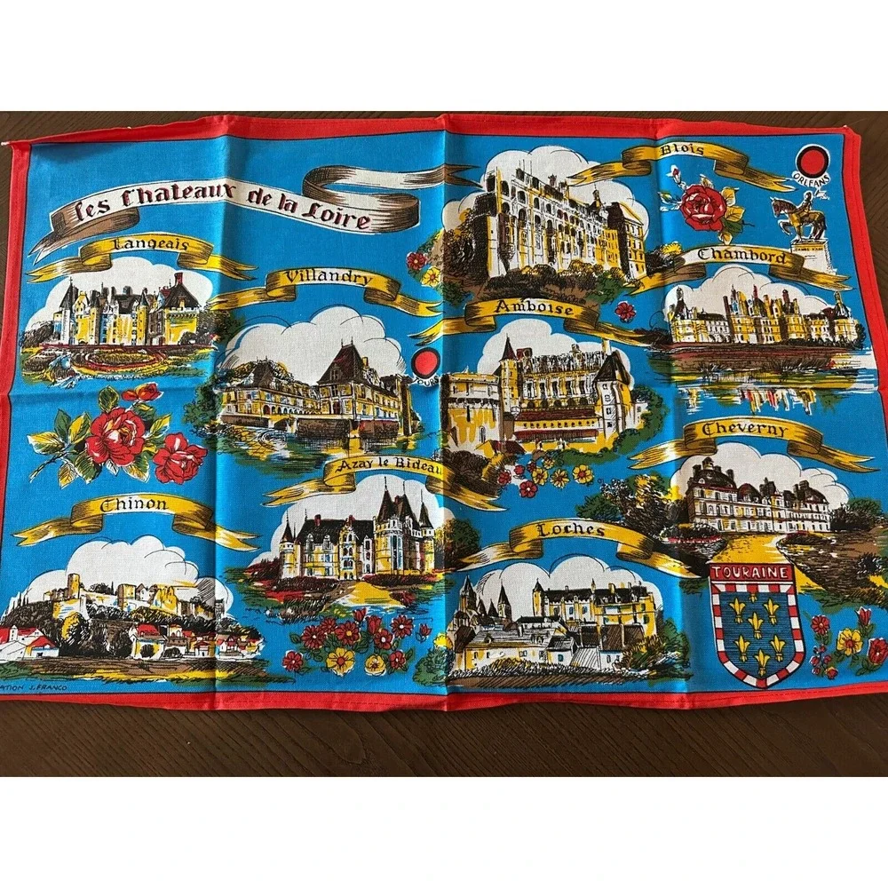 Vintage Creation J. Franco France Chateaux de la Loire Cotton Tea Towel Tour Map
